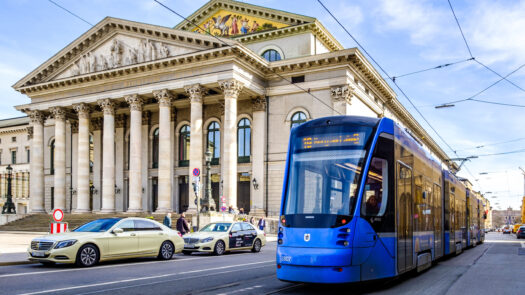 Munich - Germany, March 6: typical tramway in the old town (maximilianstrasse) on March 6, 2019 at munich/germany
