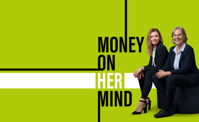 Zwei Frauen auf grünem Hintergrund, Schriftzug Money on her mind