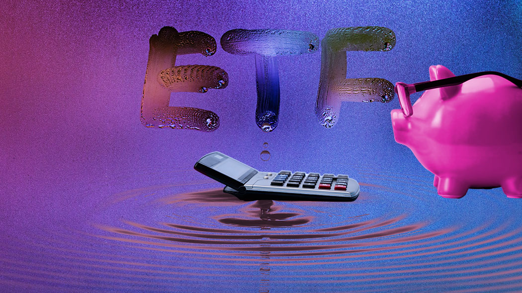 abbreviation word etf - exchange traded funds - handwritten on foggy glass window at night with neon blue back street light