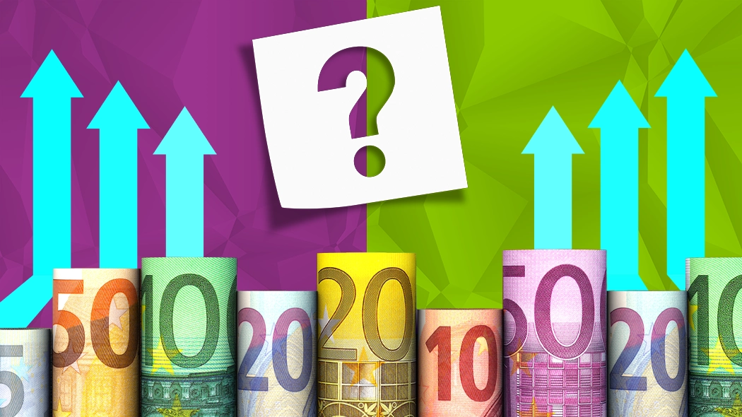 Euros mit einem Fragezeichen im Vordergrund, umgeben von weiteren Euros im Hintergrund.