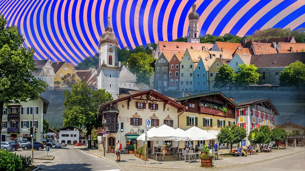 Collage von Gebäuden mit buntem Hintergrund, betitelt "Kleinurlaub Garmisch und Landsberg".