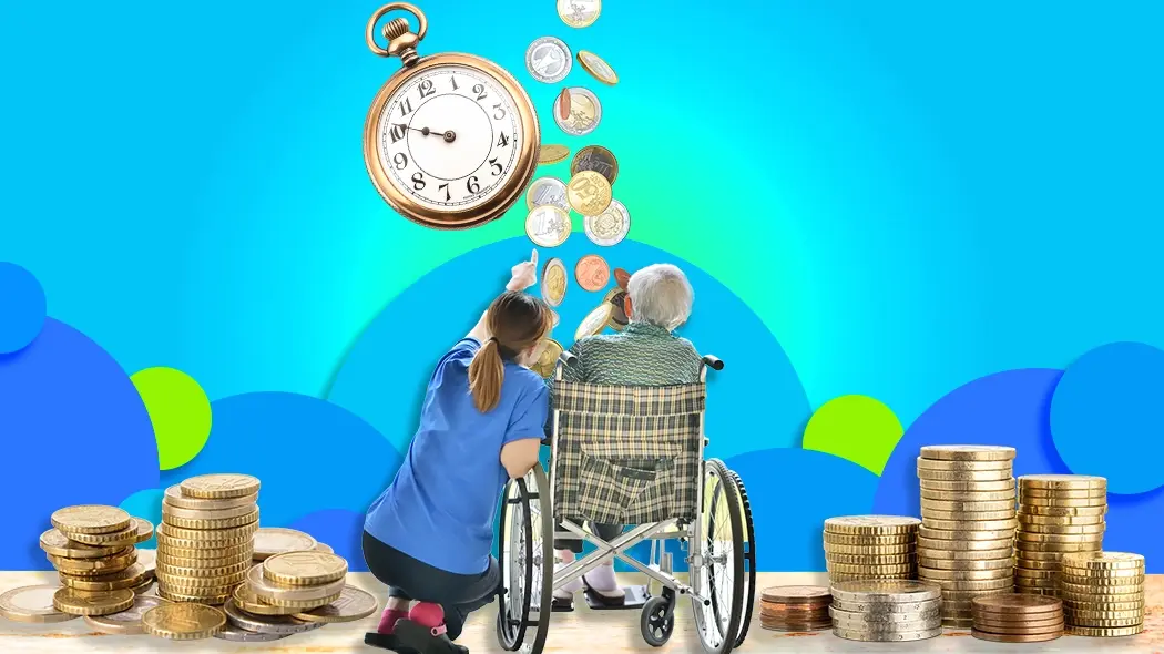 Eine Frau im Rollstuhl, umgeben von Münzen und einer Uhr, die auf finanzielle und zeitliche Aspekte hinweist.