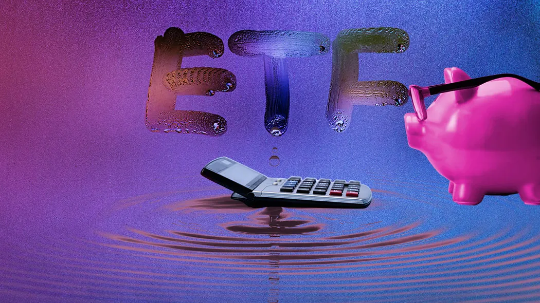 abbreviation word etf - exchange traded funds - handwritten on foggy glass window at night with neon blue back street light
