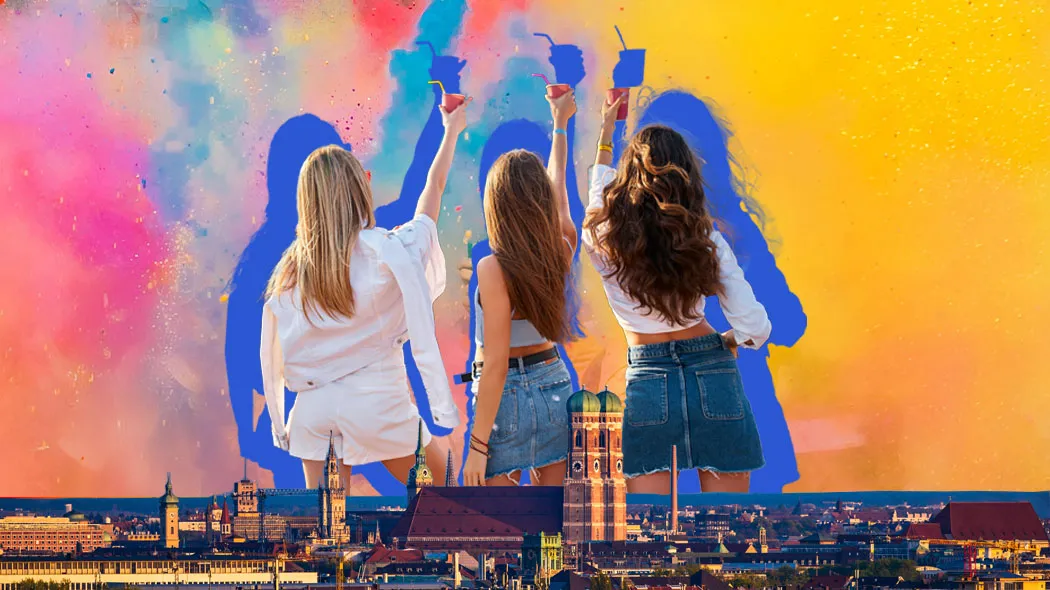 Casual summer outfits, energetic crowd gathered by stage for live performance vibes. Back view of three women enjoying a music festival on sandy shore, raising drinks in cheers under sunny sky.