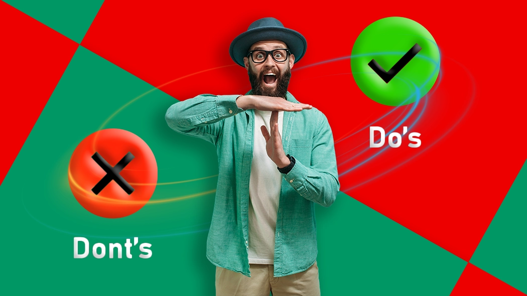 Ein Mann mit Hut und Brille hält zwei Schilder mit "Do's" und "Don'ts" hoch.