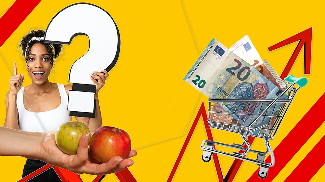 Eine Frau hält einen Apfel und einen Einkaufswagen mit einem Fragezeichen.