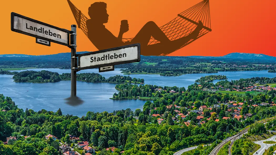 Ein Mann liegt in einer Hängematte, neben ihm ein Schild mit der Aufschrift "Stadtleben".