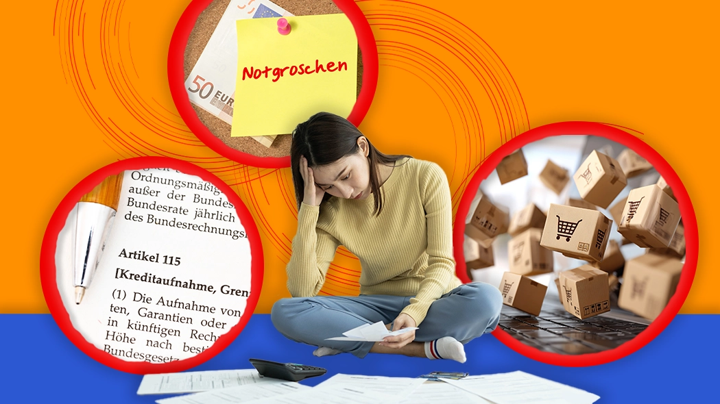 Frau sitzt auf dem Boden, liest nachdenklich ein Dokument und hält den Kopf in die Hand. Um sie herum sind Kreise mit Symbolen für Finanzen und Schulden: Notgroschen, ein Gesetzestext zur Kreditaufnahme und fallende Einkaufskartons.