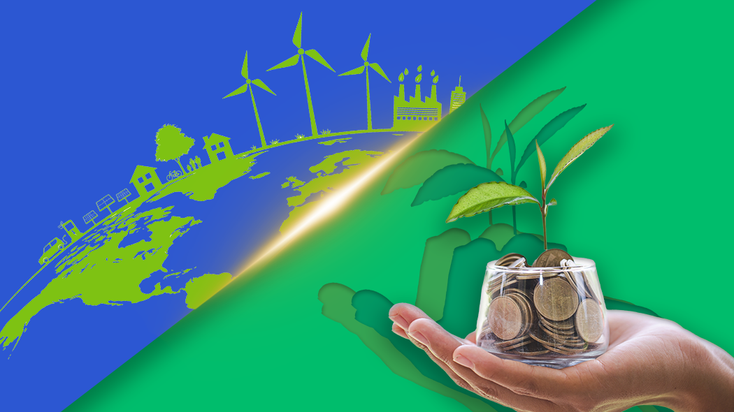 "Bild, das Nachhaltigkeit und Investitionen kombiniert. Auf der linken Seite eine grüne Silhouette der Erde mit Windrädern, Solarzellen und umweltfreundlichen Häusern. Auf der rechten Seite hält eine Hand ein Glas voller Münzen, aus dem eine Pflanze wächst.