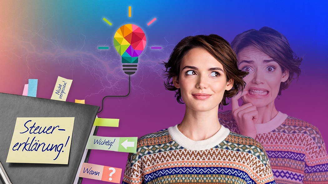 Collage zum Thema Steuererklärung: Eine junge Frau blickt zuversichtlich nach vorne, während im Hintergrund ihr besorgtes „Ich“ sowie Blitze zu sehen sind. Über ihr leuchtet eine bunte Glühbirne als Symbol für eine gute Idee. Links im Bild ist ein Ordner mit der Aufschrift „Steuererklärung!“ und verschiedenen bunten Notizzetteln wie „Wichtig!“ oder „Nicht vergessen!“ abgebildet.