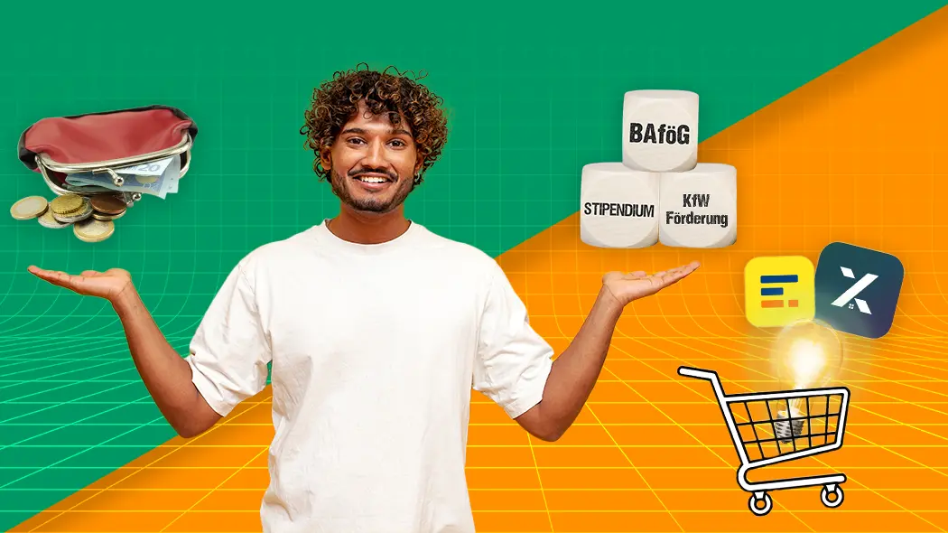 Grafik zum Thema Studienfinanzierung: Eine Person hält eine rote Geldbörse und drei Bausteine, die Finanzierungsmöglichkeiten wie BAföG und Stipendien zeigen. Ein Logo illustriert das Thema Shopping und Tipps.