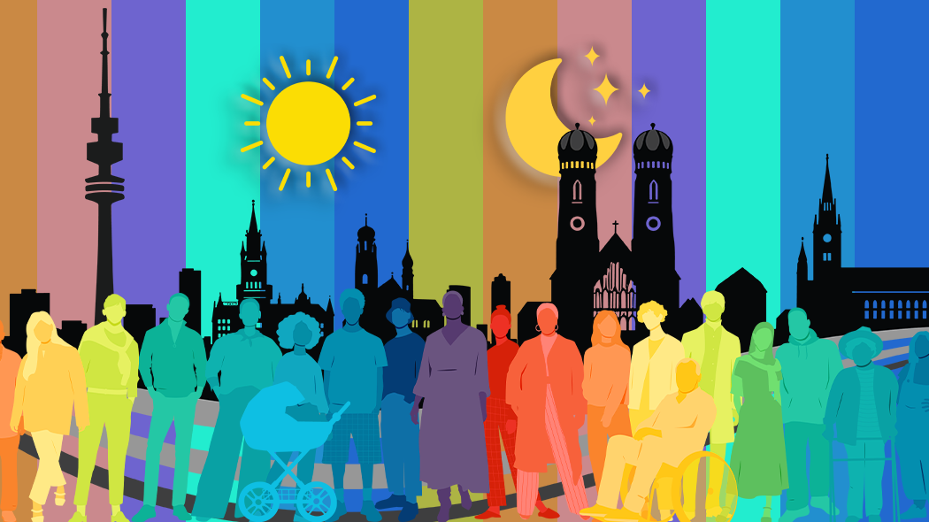 Bunte Illustration der Münchner Skyline (u. a. Frauenkirche und Olympiaturm) vor einem gestreiften Regenbogenhintergrund. Im Vordergrund stehen vielfältige, farbenfrohe Silhouetten von Menschen unterschiedlichen Alters und Hintergrunds, inklusive eines Kinderwagens und eines Rollstuhlfahrers. Über der Szene leuchten gleichzeitig eine Sonne und ein Mond mit Sternen.