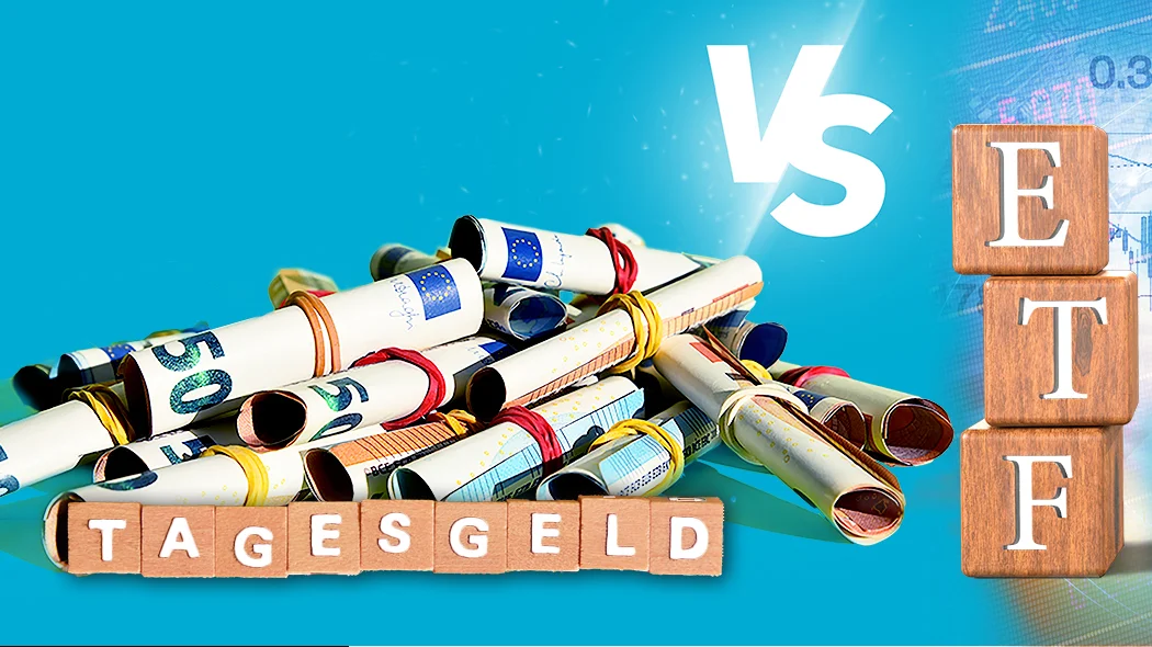 Vergleich von ETFs und Tagesgilden in einem Diagramm, das die Unterschiede und Vorteile beider Anlageformen zeigt.