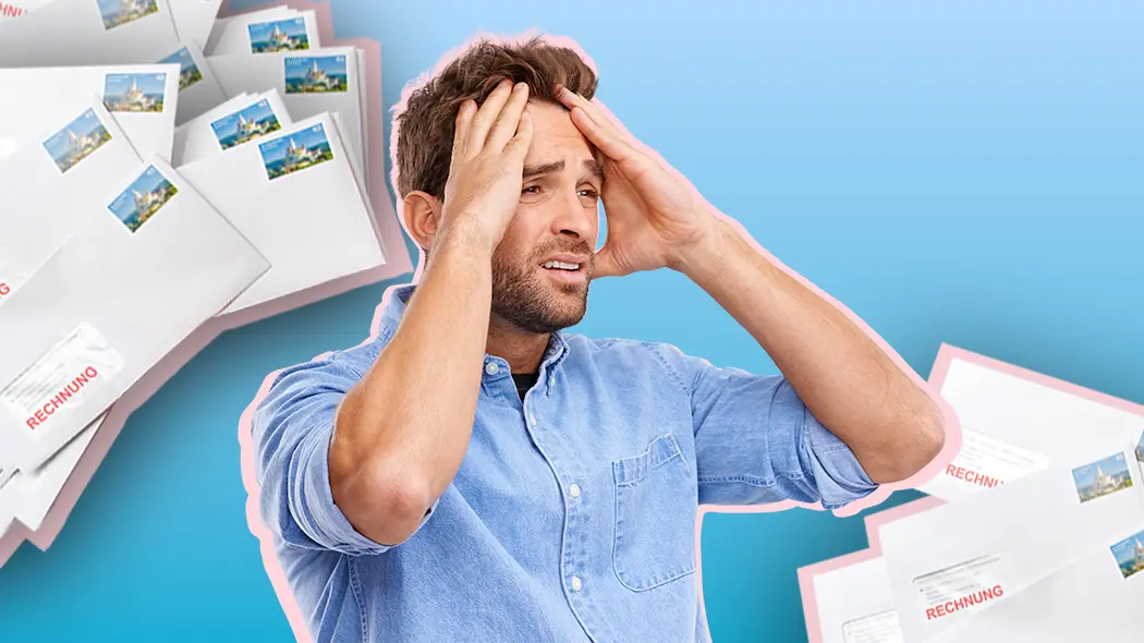 Eine Collage zum Thema Überschuldung vor blauem Hintergrund. In der Mitte steht ein verzweifelter Mann, der seine Hände an den Kopf schlägt. Er ist umgeben von zahlreichen fliegenden Briefumschlägen, von denen einige deutlich mit dem roten Aufdruck „RECHNUNG“ gekennzeichnet sind.