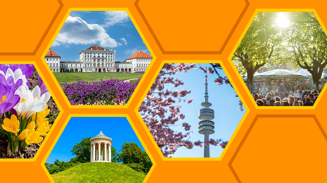 Eine Collage zum Thema Frühlingsaktivitäten in München auf einem orangefarbenen Hintergrund mit Wabenmuster. In fünf sechseckigen Ausschnitten sind typische Frühlingsmotive zu sehen: bunte Krokusse, das Schloss Nymphenburg mit violetten Blumenbeeten, der Monopteros im Englischen Garten, der Olympiaturm hinter blühenden Kirschbaumzweigen und ein gut besuchter Biergarten unter grünenden Bäumen.