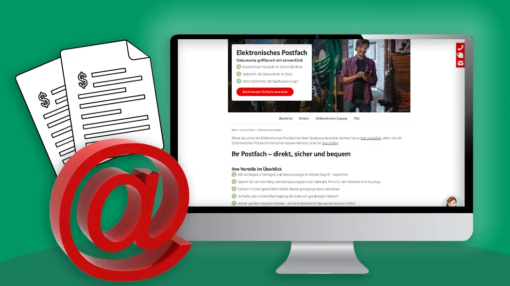 Eine Collage zum Thema elektronisches Postfach vor einem grünen Hintergrund. Im Zentrum steht ein Computerbildschirm, der die Webseite der Sparkasse zum „Elektronischen Postfach“ zeigt, inklusive Vorteilsliste und Login-Button. Links neben dem Monitor schweben zwei stilisierte Dokumente mit Dollarzeichen sowie ein großes, rotes 3D-At-Zeichen (@) im Vordergrund.