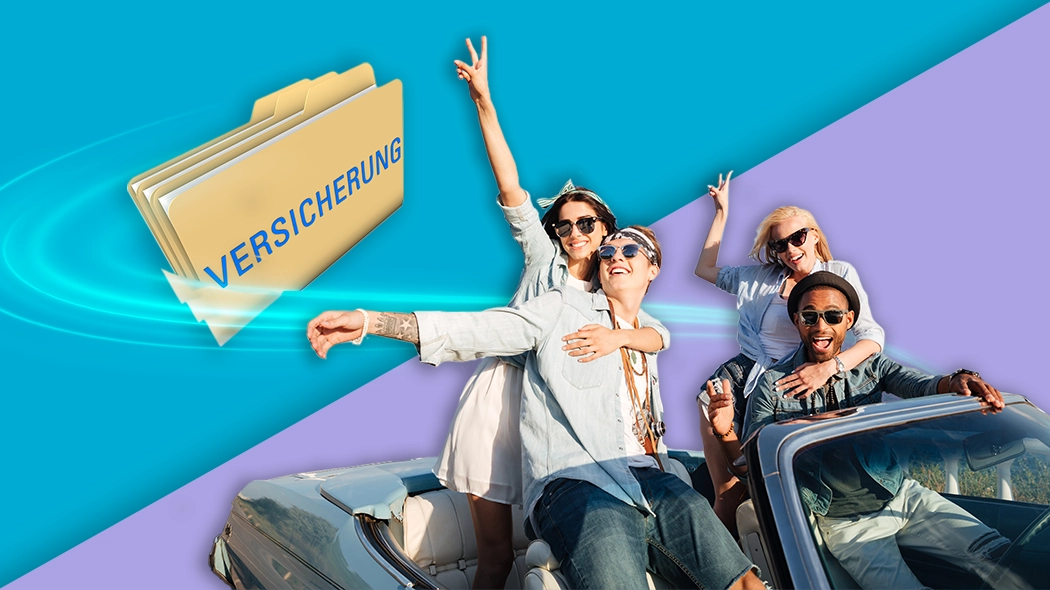Eine Collage zum Thema Kfz-Versicherung auf einem zweigeteilten Hintergrund in Blau und Lila. Im Vordergrund sitzt eine Gruppe von vier lachenden jungen Leuten in einem hellblauen Cabriolet und genießt die Fahrt; zwei von ihnen strecken die Arme in die Luft und zeigen das Peace-Zeichen. Oben links schwebt ein gelber Aktenordner mit der Aufschrift „VERSICHERUNG“, der von leuchtend blauen Dynamik-Linien umgeben ist.
