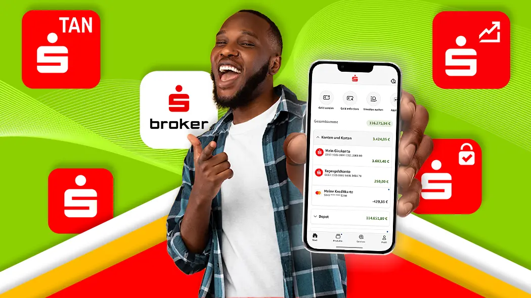 Werbebanner für mobiles Banking der Sparkasse: Ein junger, lachender Mann präsentiert ein Smartphone mit geöffneter Banking-App vor einem dynamischen, grün-roten Hintergrund, flankiert von App-Icons für S-pushTAN, S-Broker und Trading.