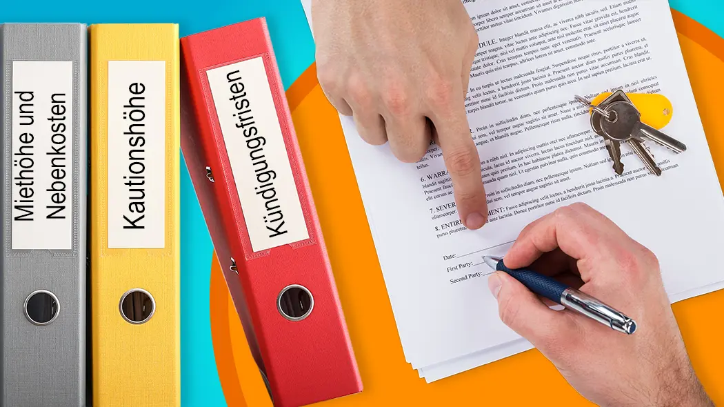 Mietvertrag unterschreiben mit Ordnern zu Miethöhe, Kaution und Kündigungsfristen sowie Wohnungsschlüsseln.