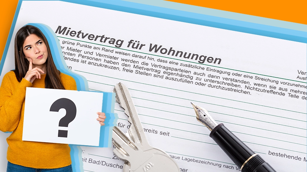 Zusammensetzung der Wohnungsmiete: Nachdenkliche Frau mit Fragezeichen vor Mietvertrag, Füller und Wohnungsschlüsseln.