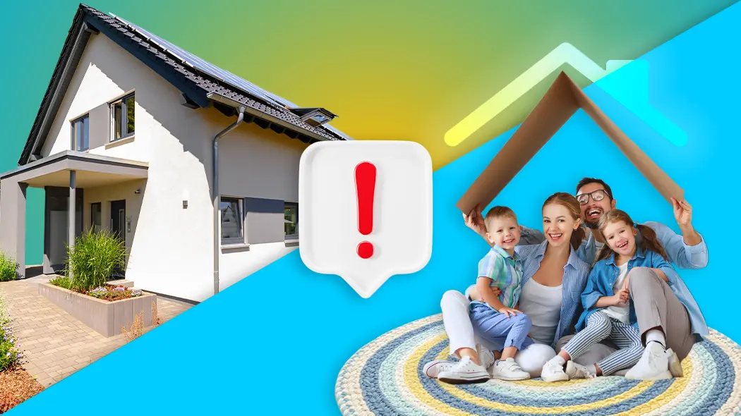 Immobilienkauf für Familien: Tipps zum Eigenheim mit Hausansicht, glücklicher Familie und wichtigem Hinweissymbol.
