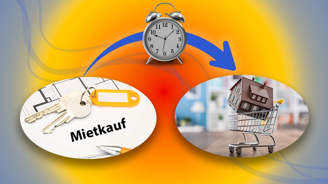 Mietkauf-Konzept: Von Schlüsseln und Vertrag über Zeit (Wecker) zum Hauskauf im Einkaufswagen.