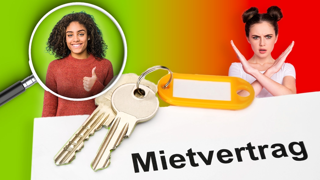 Vergleich Mietvertrag: Frau mit Daumen hoch und Frau mit Stopp-Geste neben Wohnungsschlüsseln zur Prüfung von Mietrecht.