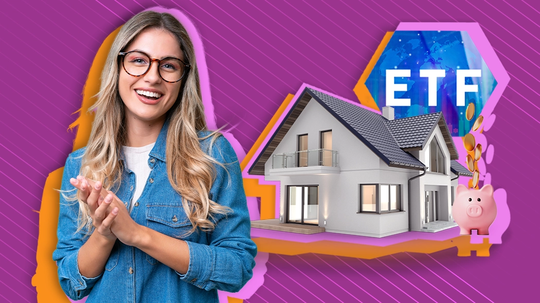 Frauen und Finanzen: Lächelnde Frau plant Investitionen in ETF, Eigenheim und Altersvorsorge mit Sparschwein.