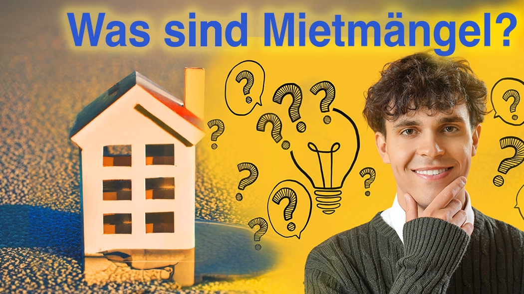 Was sind Mietmängel: Mann mit Fragezeichen neben Hausmodell im Wasser zur Erklärung von Schäden an einer Mietwohnung.