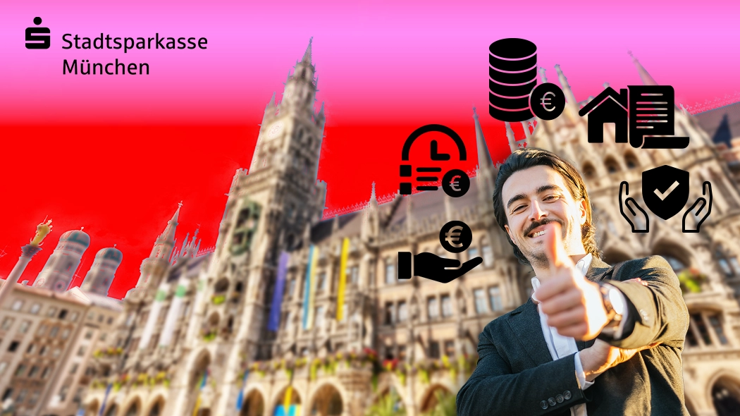 Full-Service der Stadtsparkasse München: Mann mit Daumen hoch vor dem Rathaus und Symbolen für Finanzen und Vorsorge.