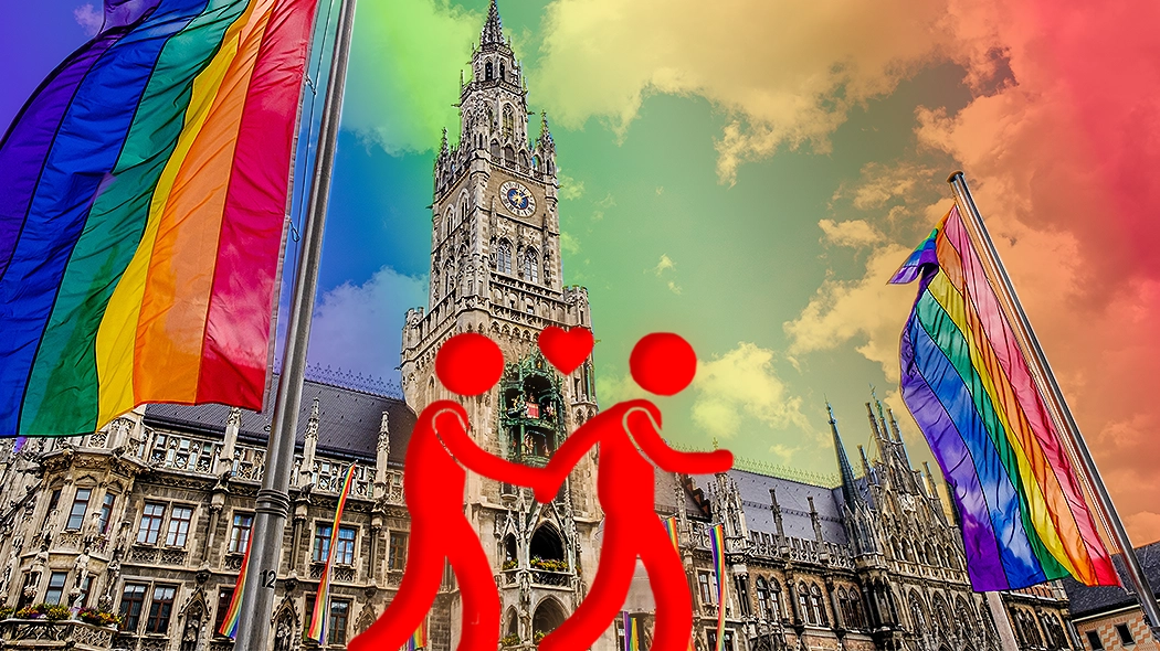 CSD in München: Zwei rote Strichmännchen halten Händchen vor dem Rathaus, umrahmt von Regenbogenfahnen als Symbol für Vielfalt und Pride.