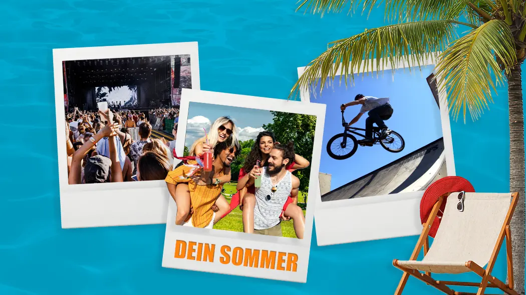Sommer in München: Fotocollage mit Festival, Freunden im Park, BMX-Fahrer und Liegestuhl vor blauem Wasser.