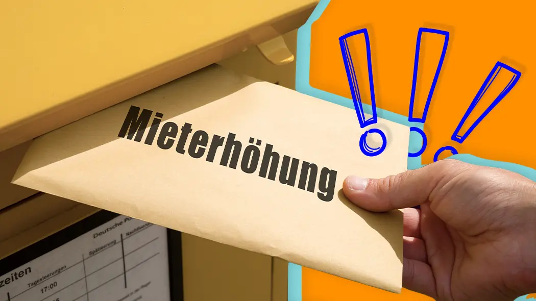 Brief mit Aufschrift Mieterhöhung wird in Briefkasten geworfen, flankiert von blauen Ausrufezeichen als Warnsymbol.