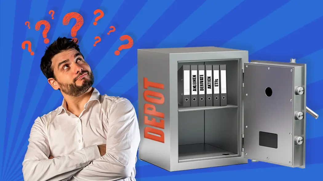 Was ist ein Depot: Nachdenklicher Mann neben Safe mit Ordnern für Aktien, ETFs und Anleihen zur Wertpapieranaloge.