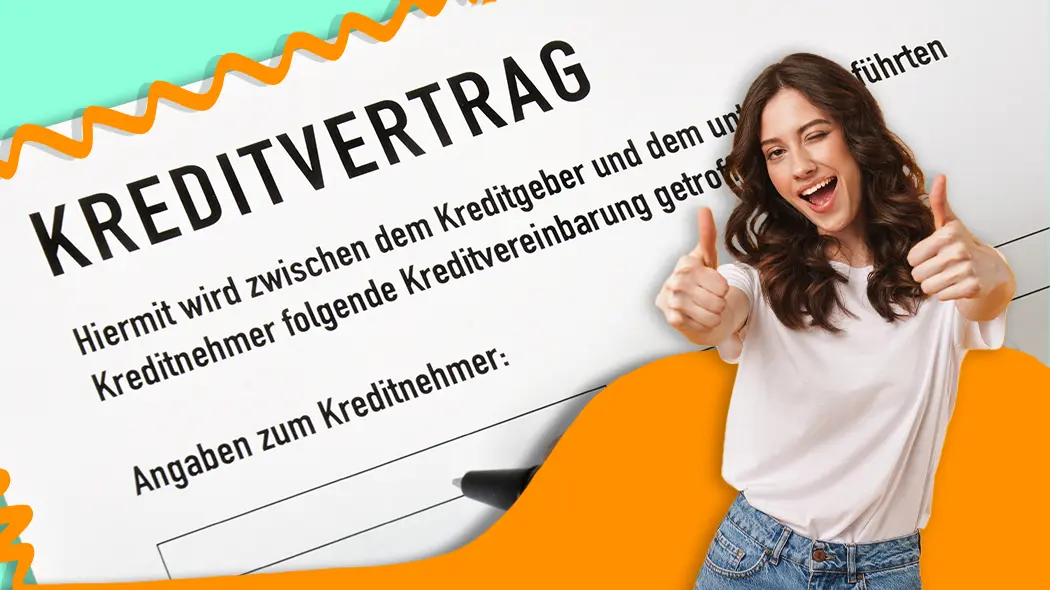 Glückliche Frau zeigt beide Daumen hoch vor einem Kreditvertrag für finanzielle Freiheit.