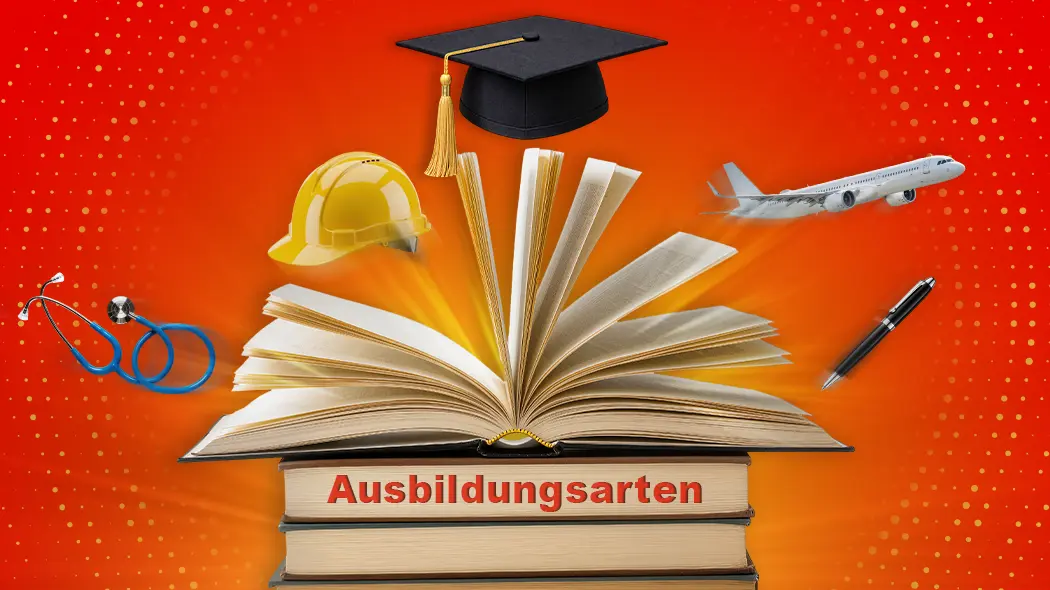 Auf einem Stapel Bücher mit dem Schriftzug „Ausbildungsarten“ liegt ein geöffnetes Buch mit Doktorhut, umgeben von einem Stethoskop, Bauhelm, Flugzeug und Stift vor rotem Hintergrund.