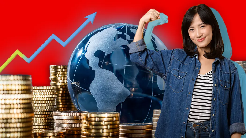 Starke Frau vor Globus, Münzstapeln und steigendem Graph als Symbol für Finanzwissen und Erfolg.