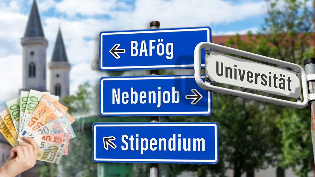 Wegweiser mit BAföG, Nebenjob und Stipendium sowie Euro-Scheinen zur Studienfinanzierung.