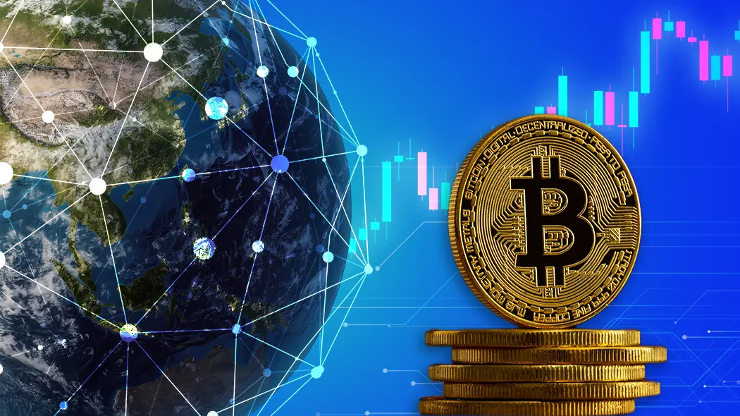 Goldene Bitcoin-Münze auf Goldmünzen vor Weltkugel mit digitalem Netzwerk und steigendem Handelskurs-Chart.