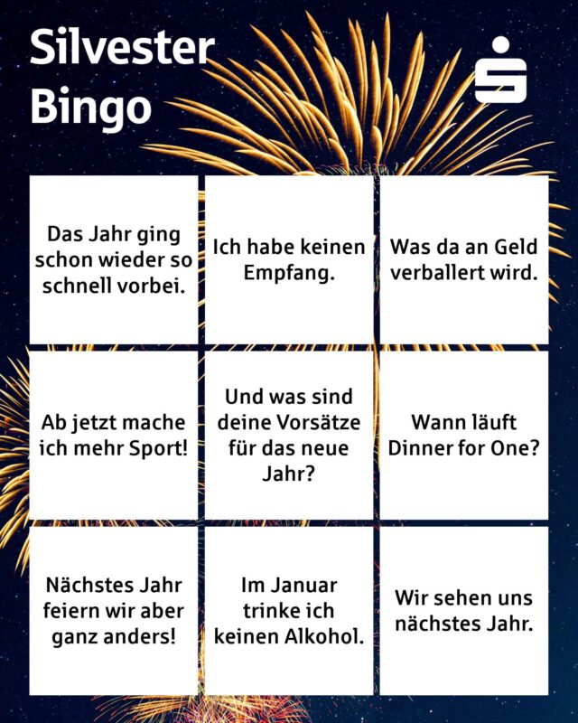 Der Countdown fürs neue Jahr läuft✨.

An Silvester gibt's auch immer wieder die gleichen Sprüche zu hören 😭 Eigentlich perfekt für ne Runde Bingo 🤔.

Welcher Satz fällt bei euch am häufigsten?

#stadtsparkassemünchen #silvester #bingo